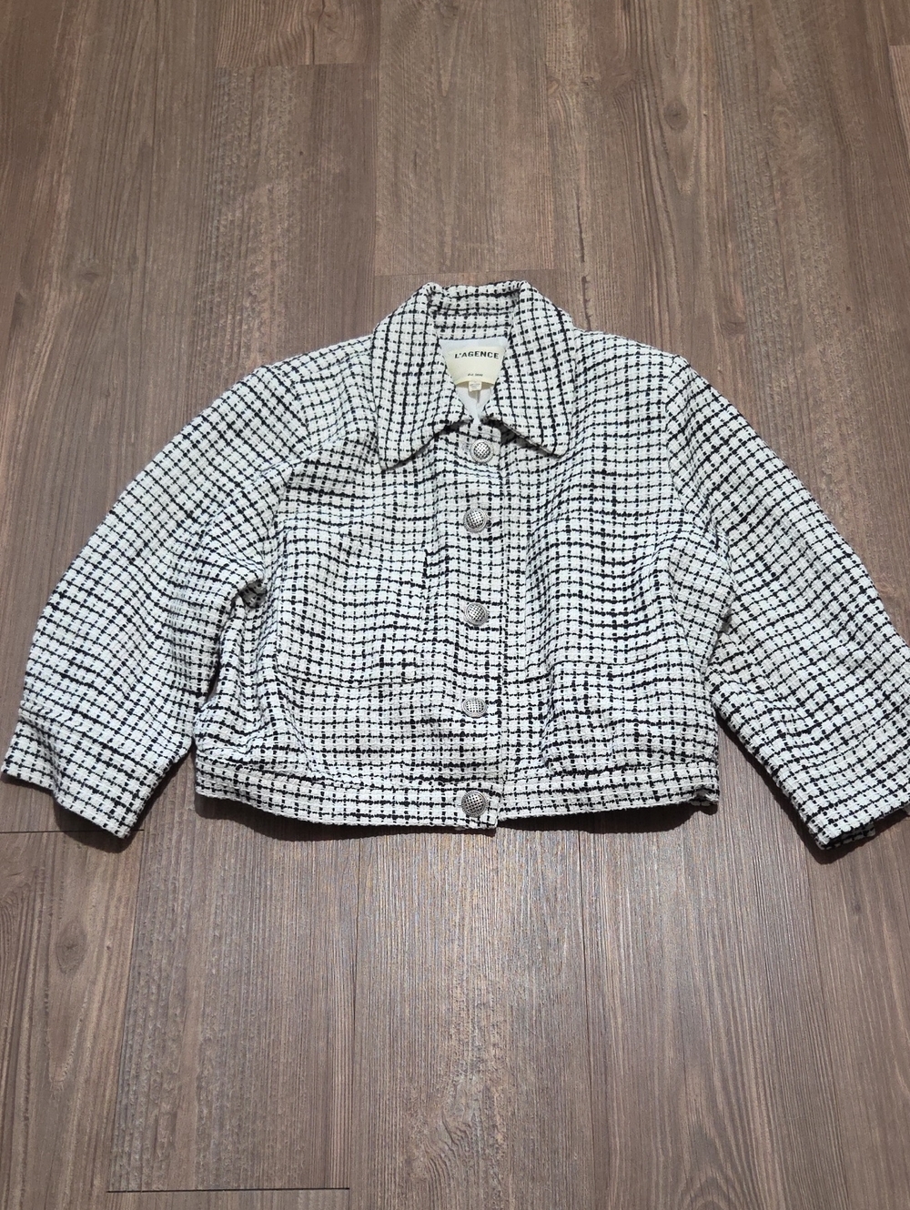 L'AGENCE Black & White Tweed Boxy Cropped Jacket